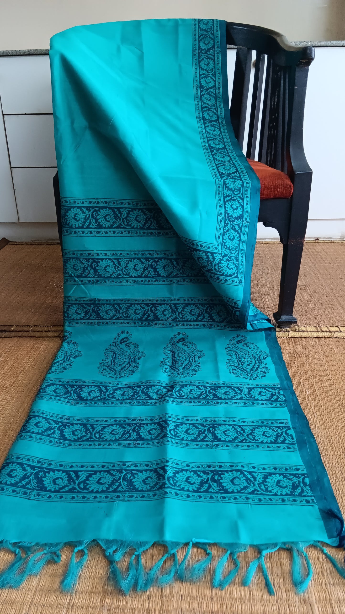 Blue handloom, hand block printed, office wear silk cotton saree