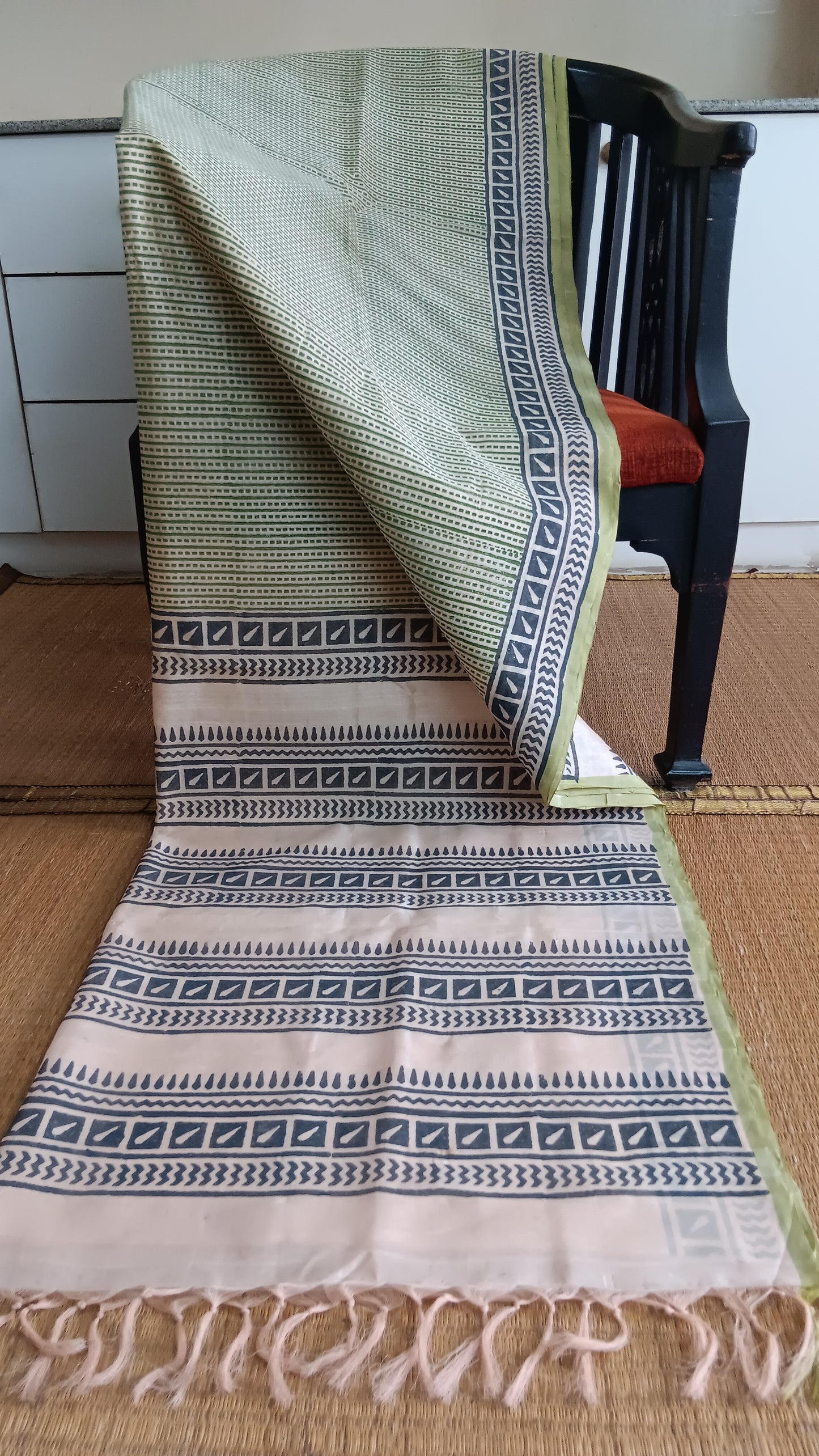 Handloom office wear silk cotton with green border hand block printed with subtle geometric patterns on the body