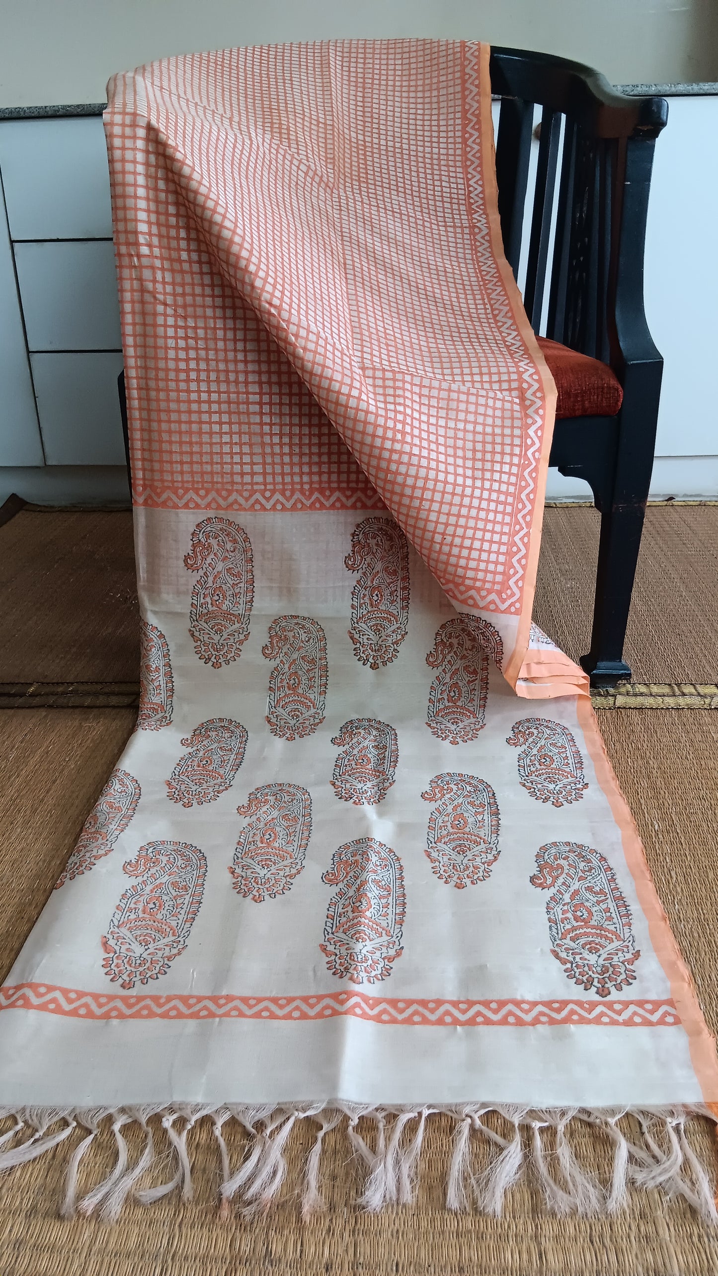Handloom office wear silk cotton saree hand block printed with checks on the body