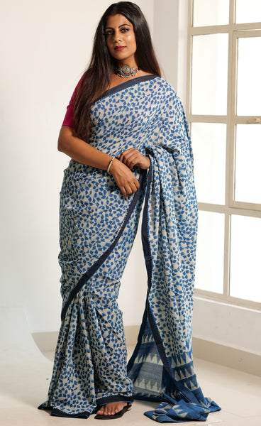 Indigo printed south cotton saree (IND-61) –