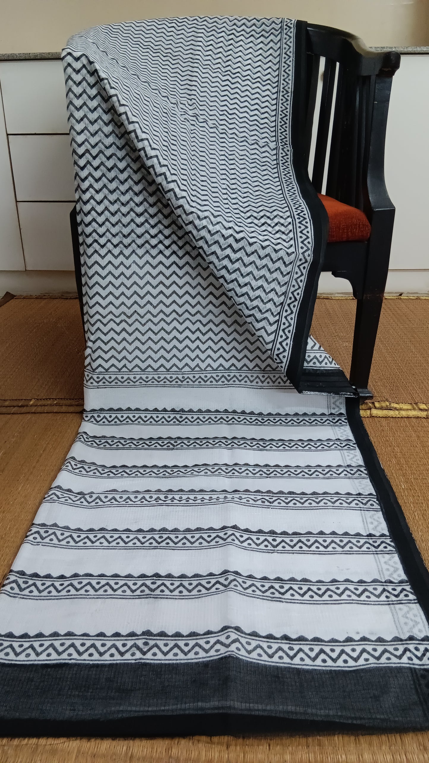 Block printed Kota cotton saree black white (CKT-103)