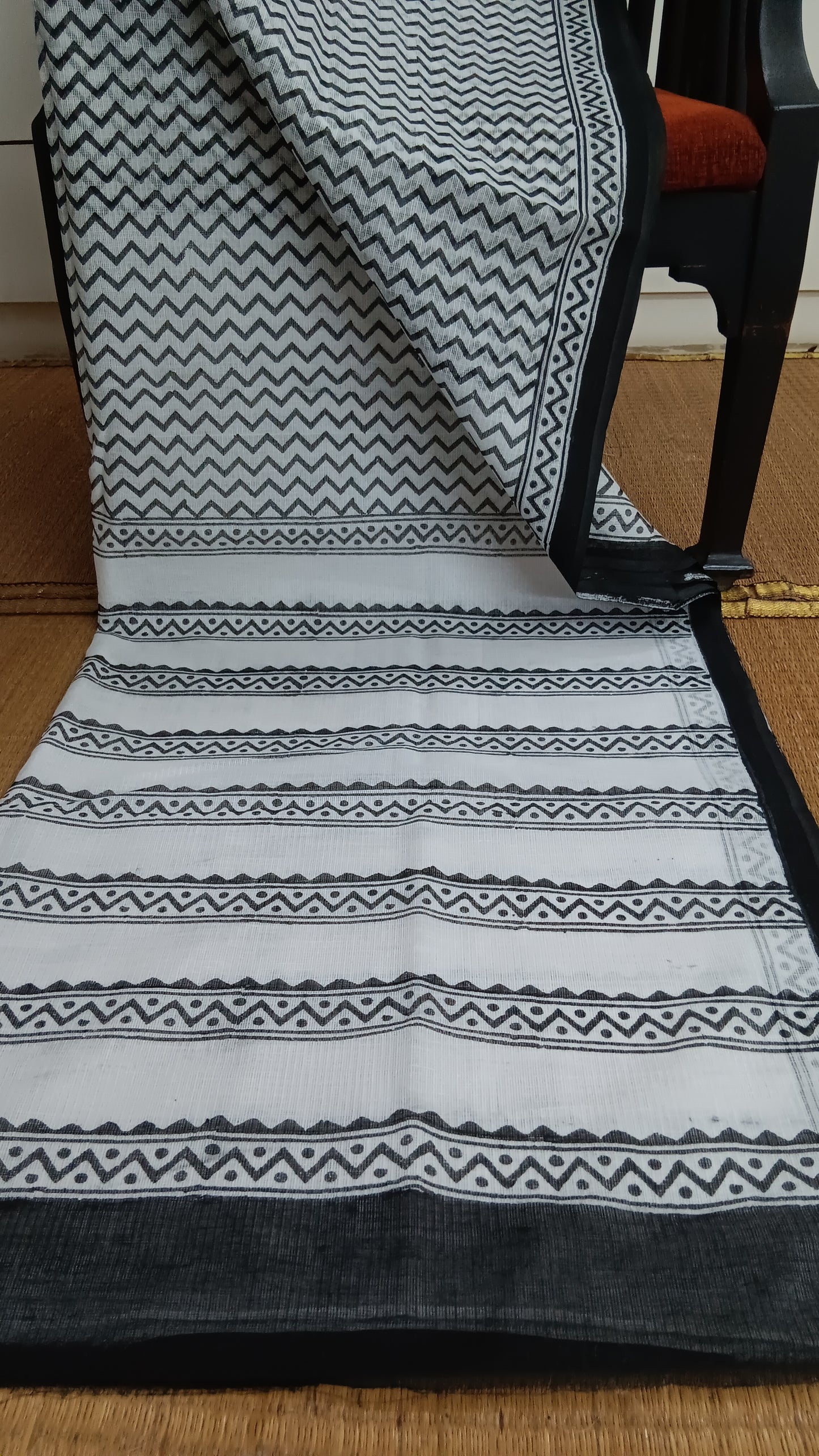 Block printed Kota cotton saree black white (CKT-103)