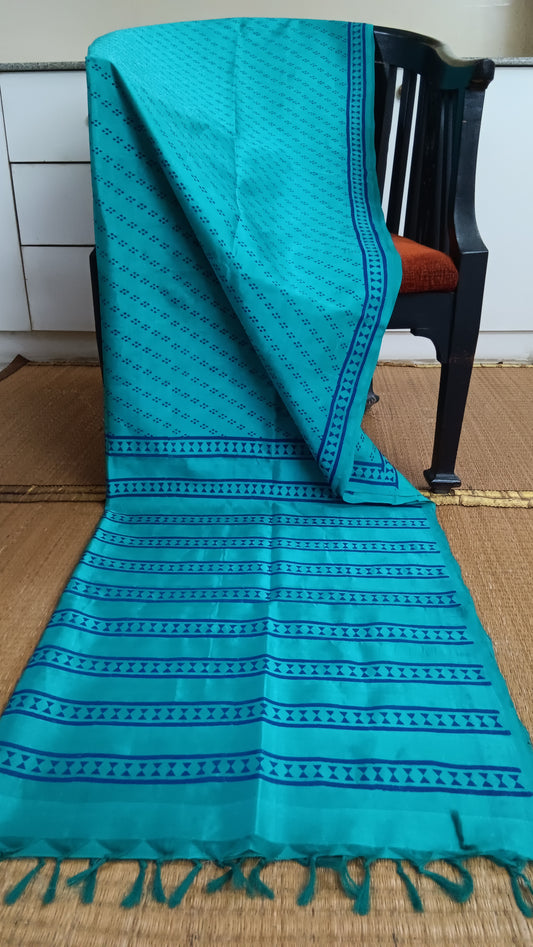 Blue block printed silk cotton saree (SCP-125)