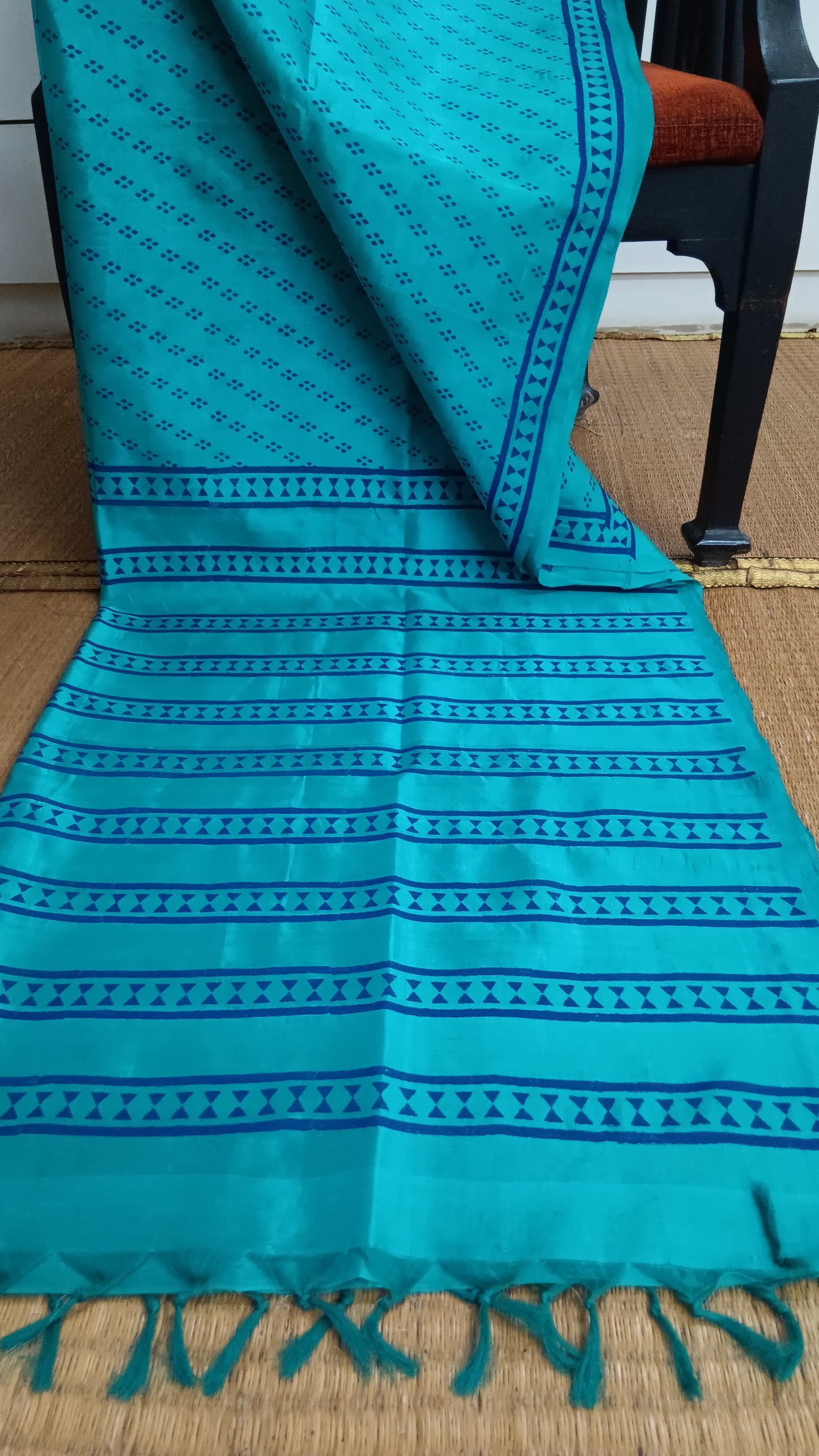 Blue block printed silk cotton saree (SCP-125)