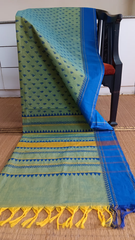 Blue printed cotton saree for office use (DW-504)