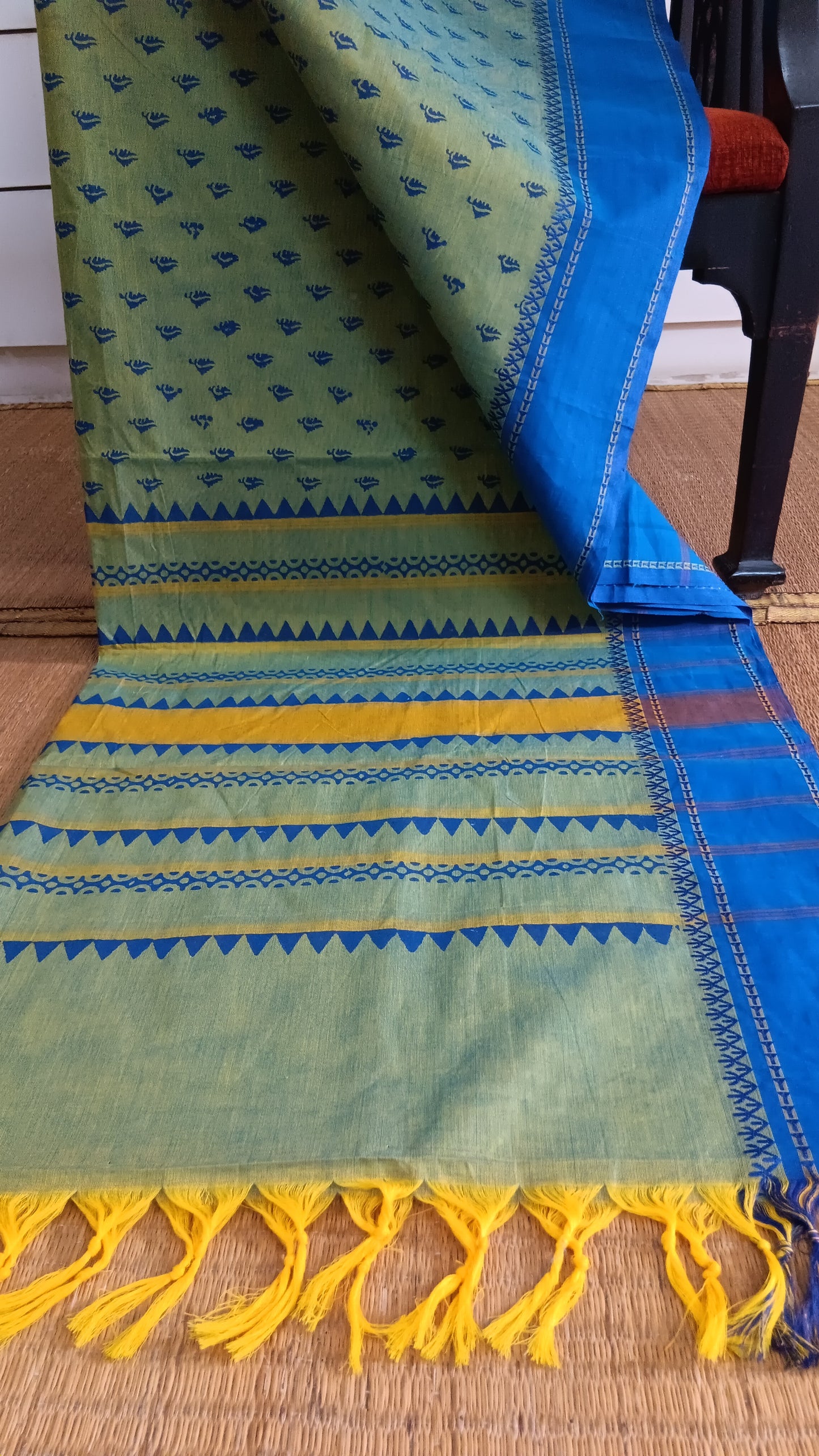 Blue printed cotton saree for office use (DW-504)