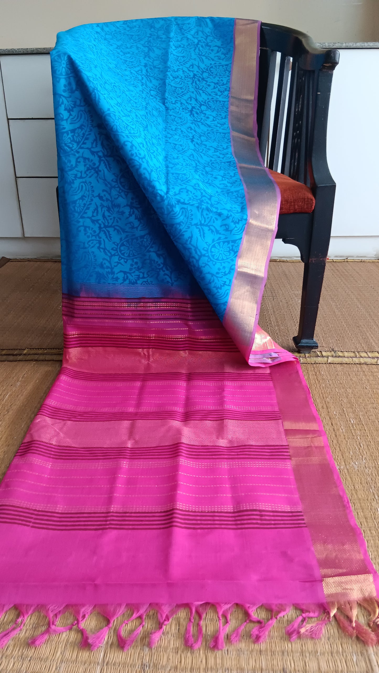 Blue silk cotton saree pink pallu (SC4-450)