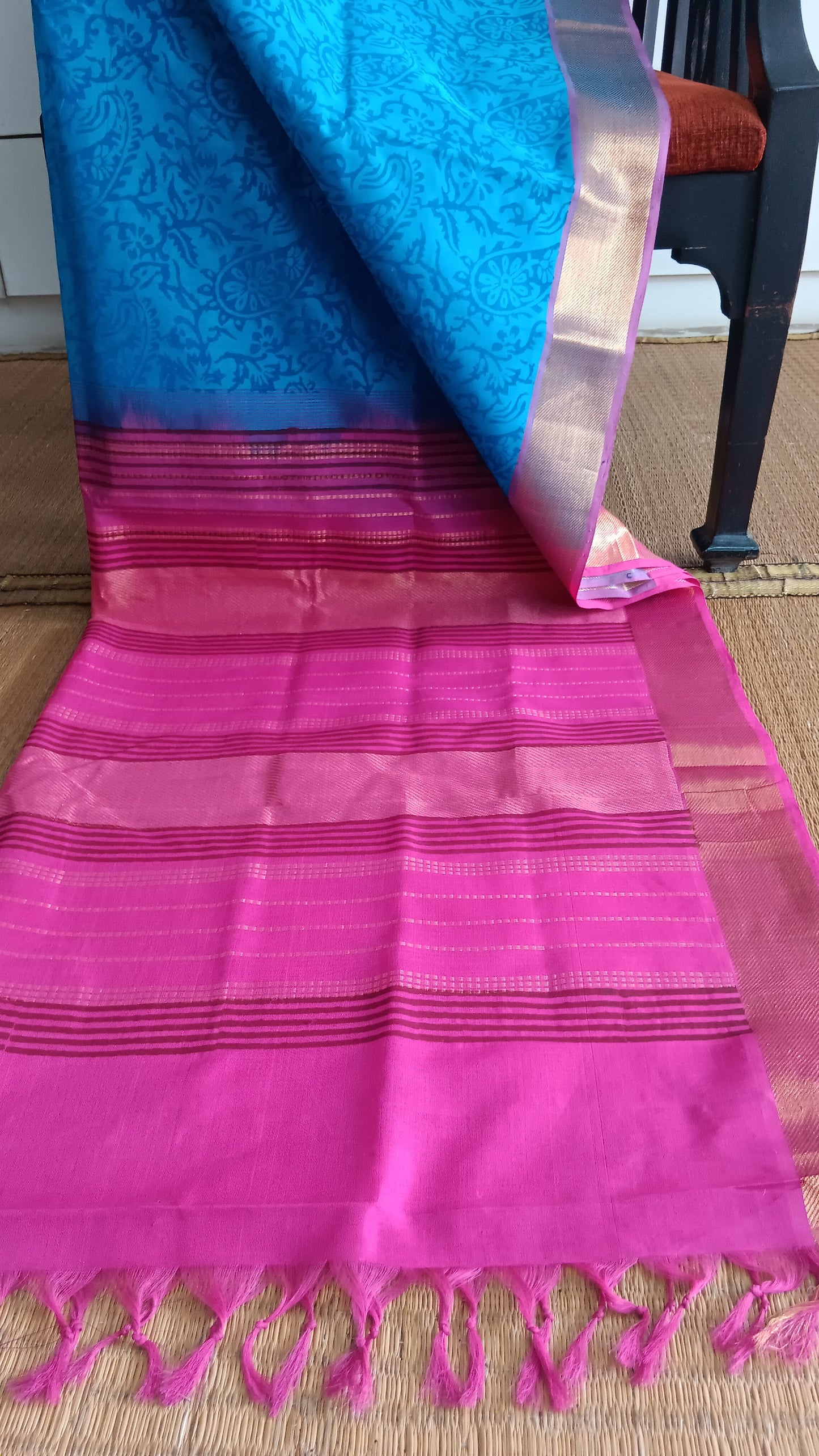 Blue silk cotton saree pink pallu (SC4-450)