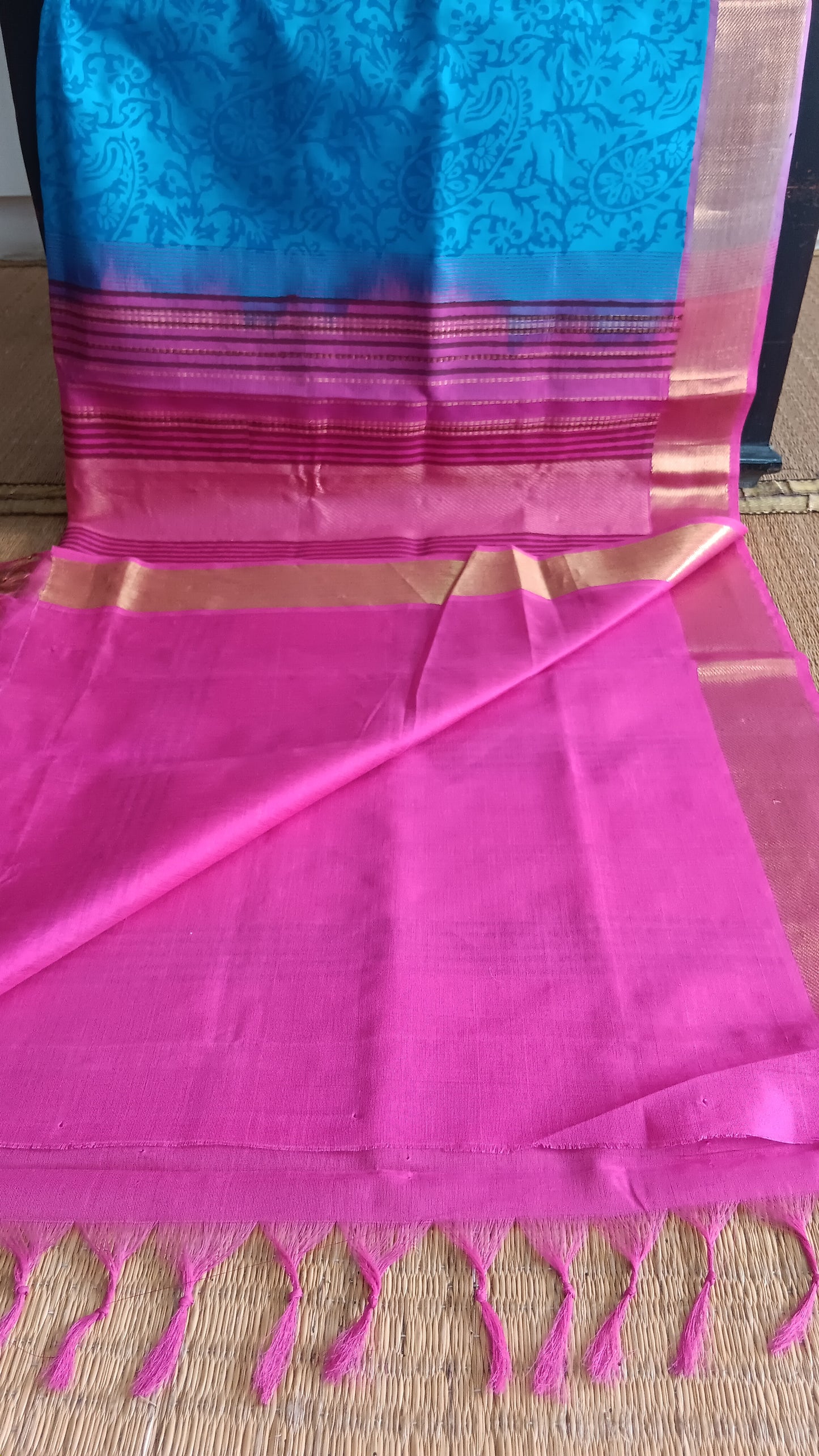 Blue silk cotton saree pink pallu (SC4-450)