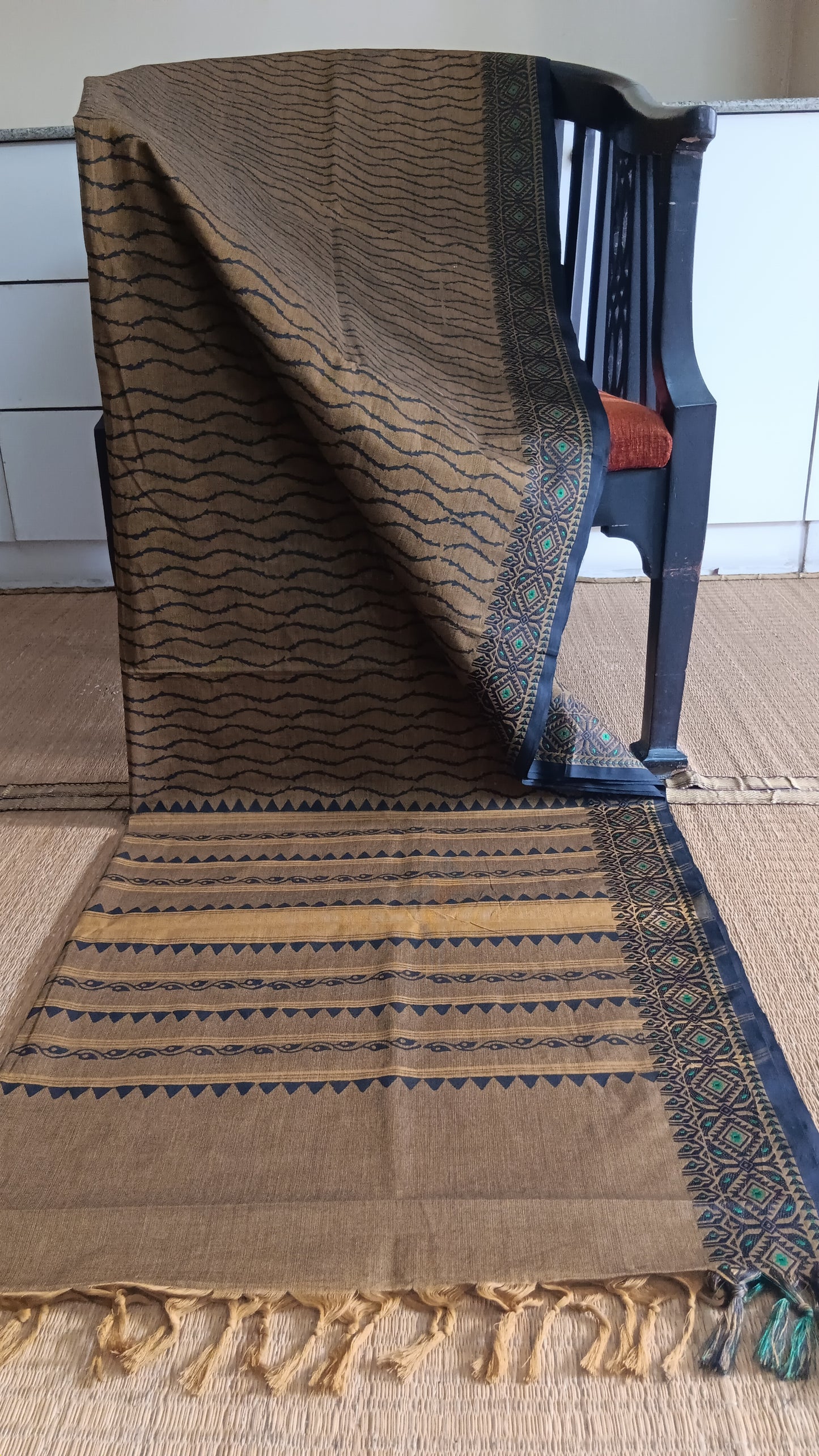 Brown block printed cotton saree daily use (DW-513)
