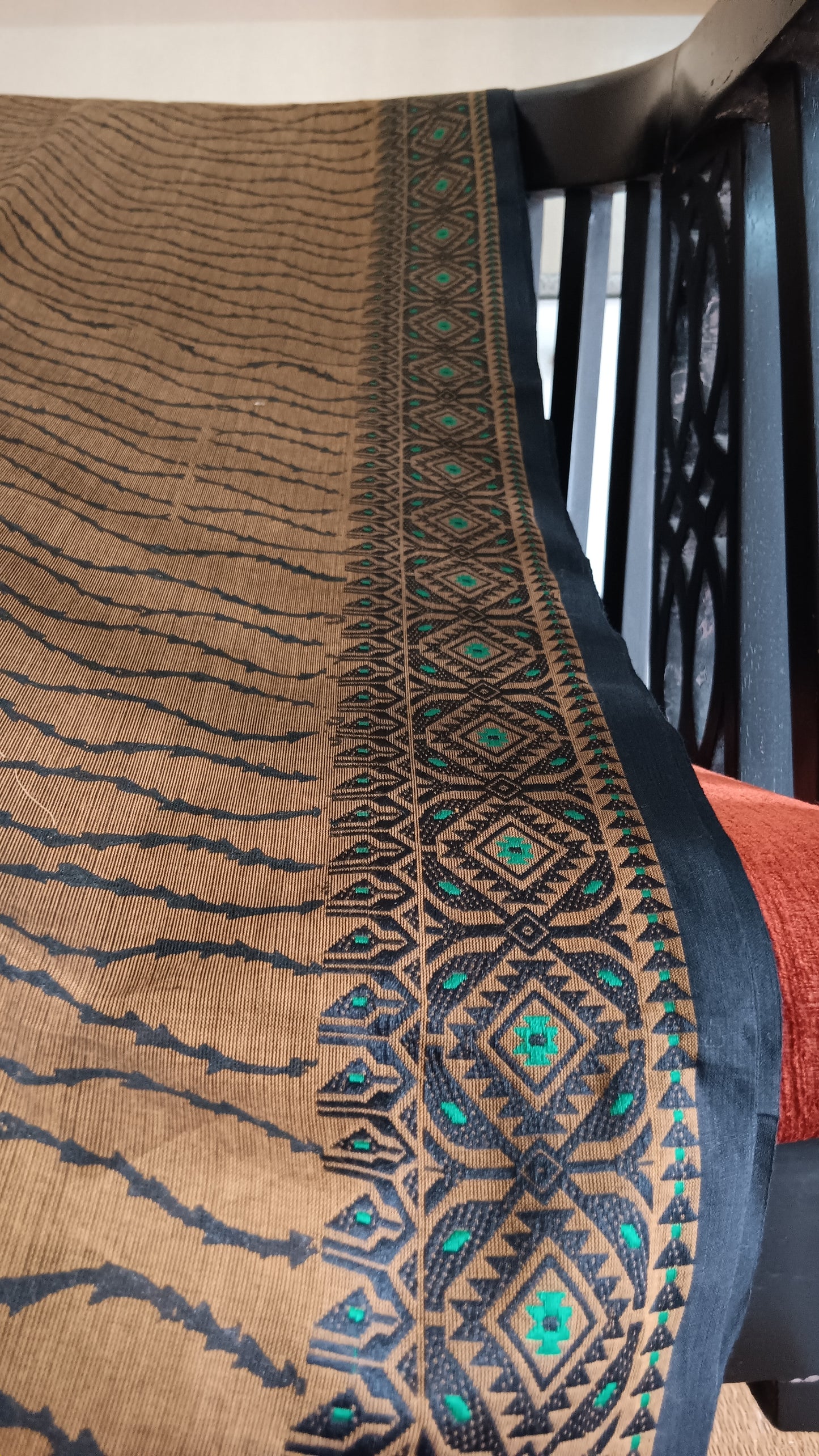 Brown block printed cotton saree daily use (DW-513)