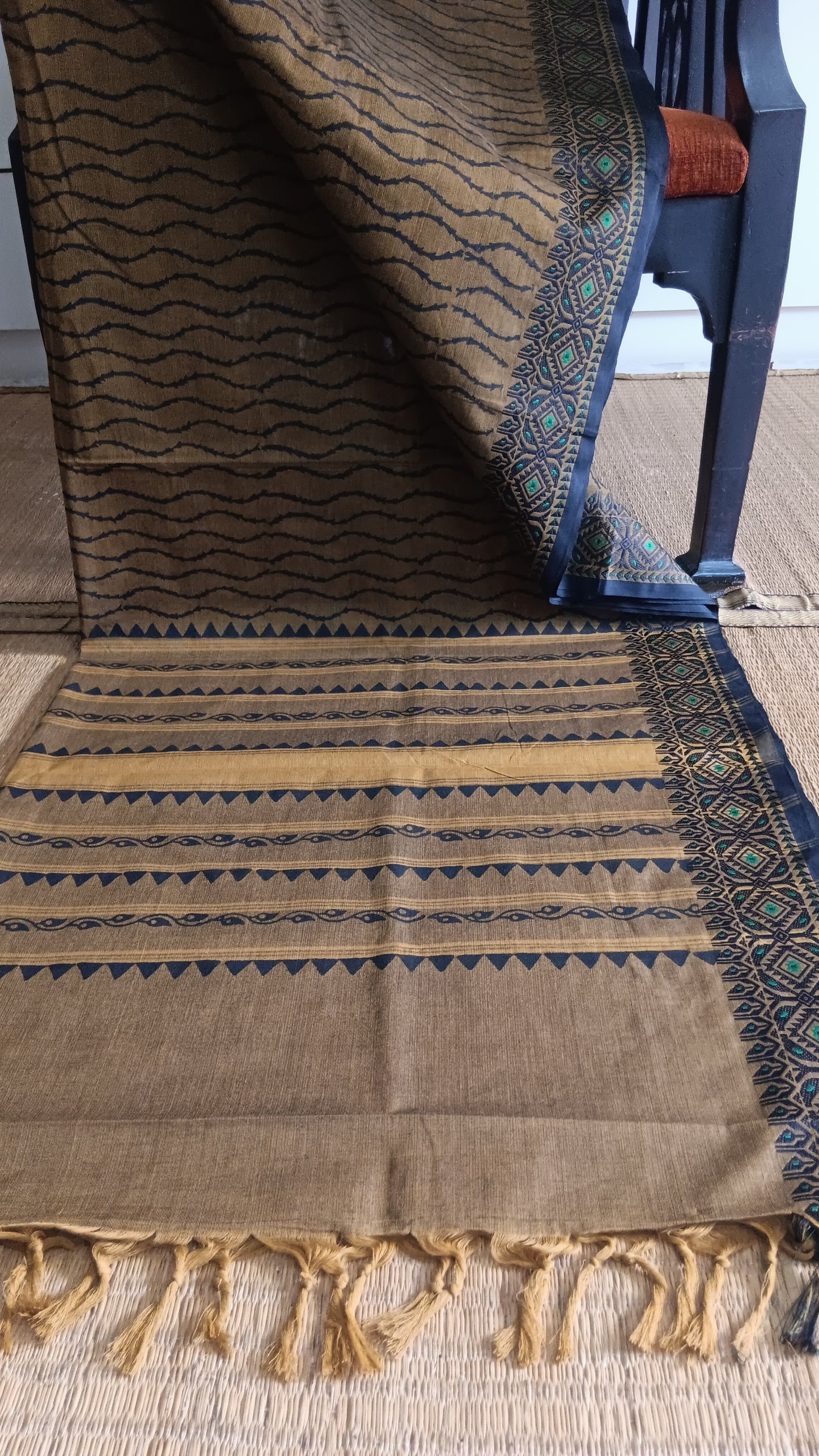 Brown block printed cotton saree daily use (DW-513)