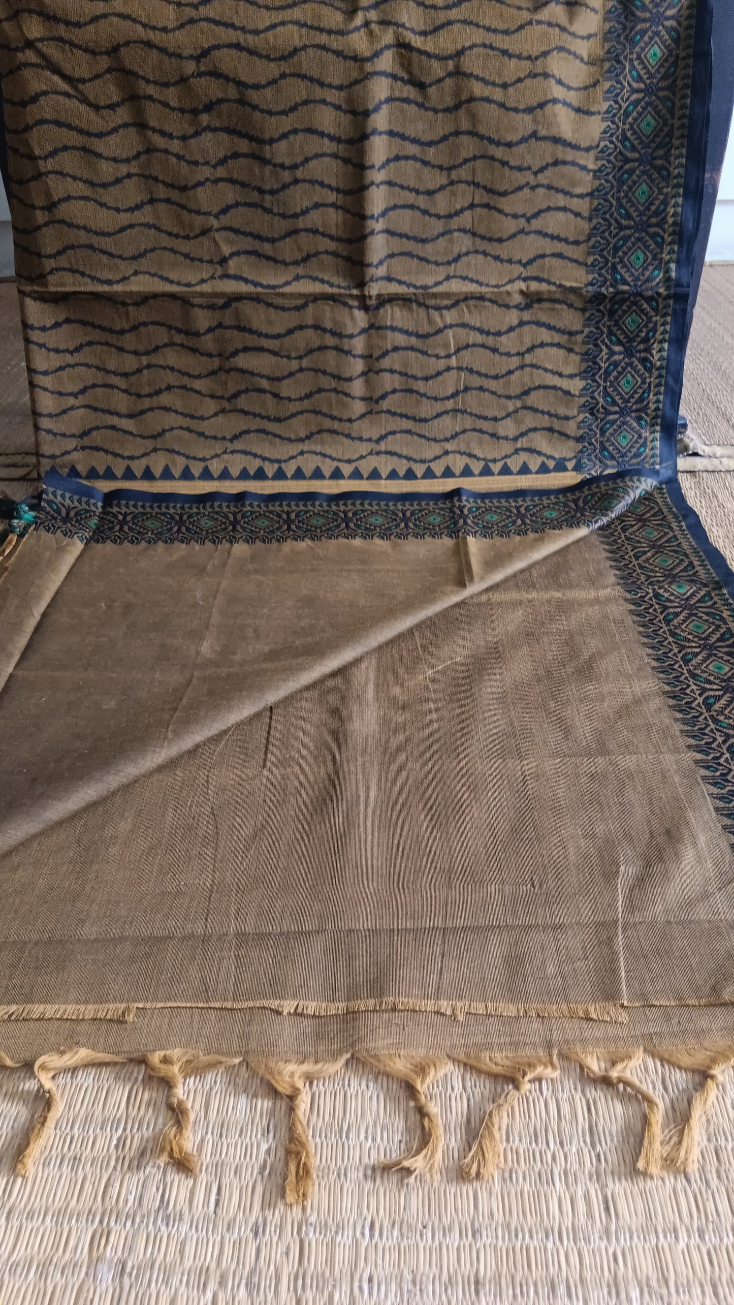 Brown block printed cotton saree daily use (DW-513)