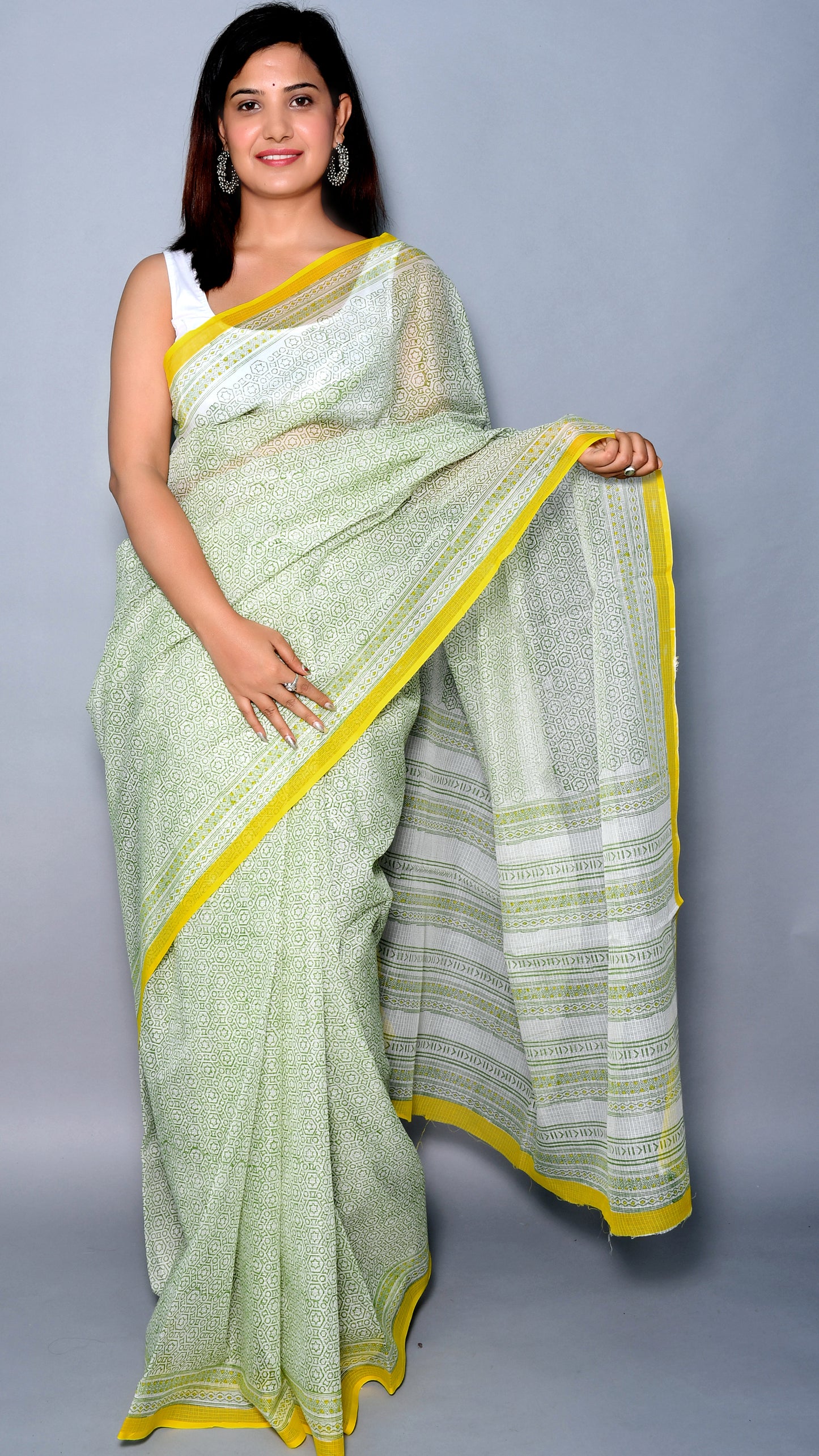 Green kota cotton saree yellow border (CKT-2049)