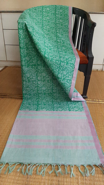 Green cotton saree pink border (DW-57)