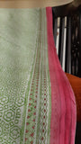 close up of the block printed border of a green daily wear kota cotton saree