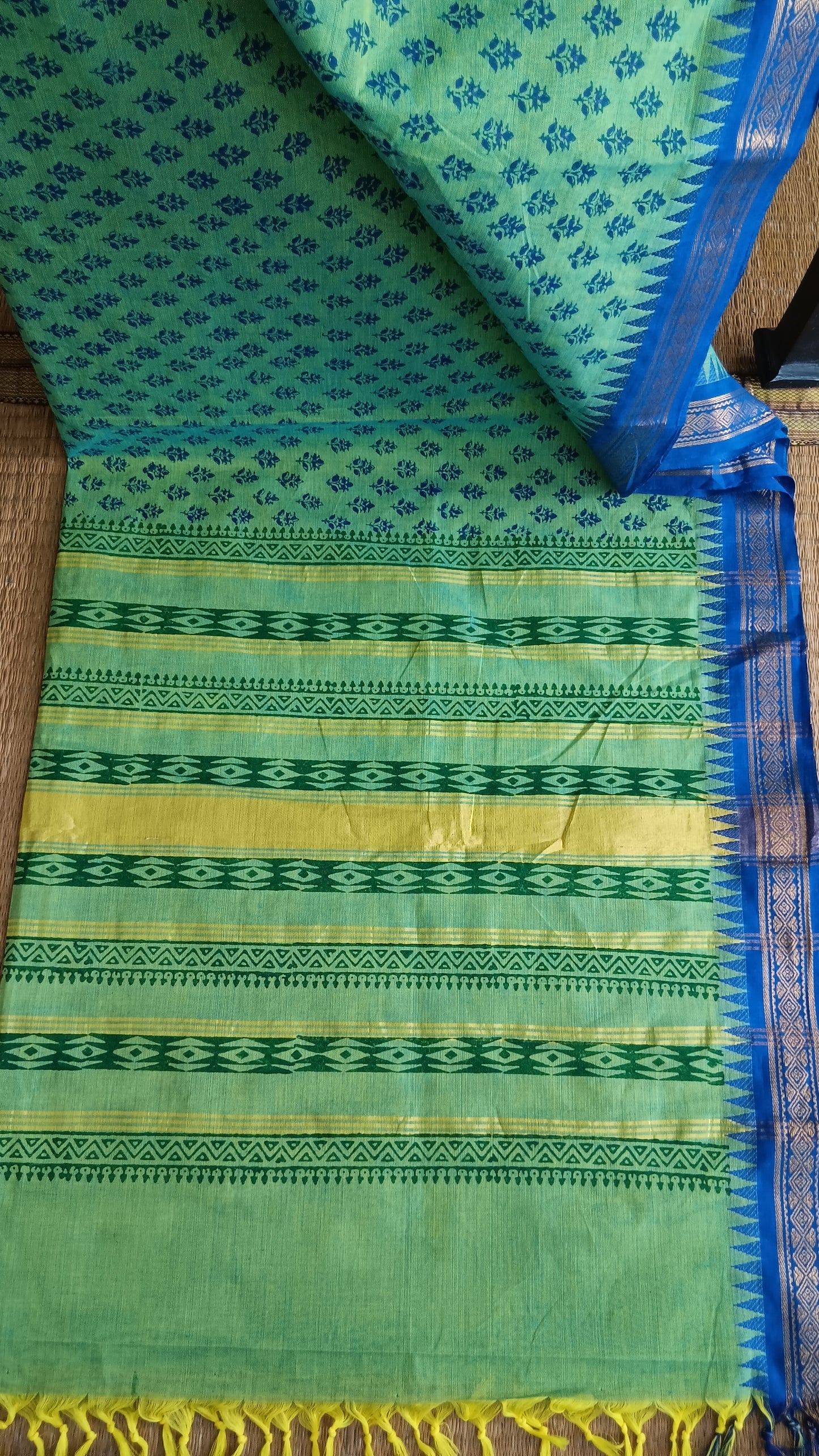 View from the top of the block printed pallu of a south cotton saree