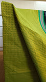Close-up view of delicate geometric patterns block printed in a deeper green shade on the leaf green cotton saree body.
