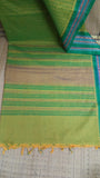 Top view of the saree's pallu in leaf green cotton, featuring a continuation of the subtle geometric prints and a touch of the dark green border.