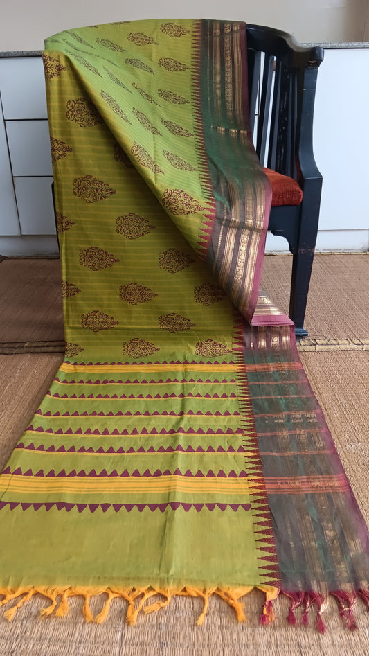 Green printed function wear cotton saree (CGOP-966)