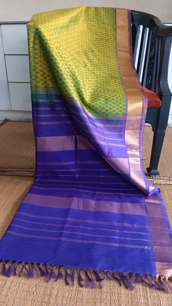 Handwoven silk cotton saree in green with geometric block print and royal blue pallu.
