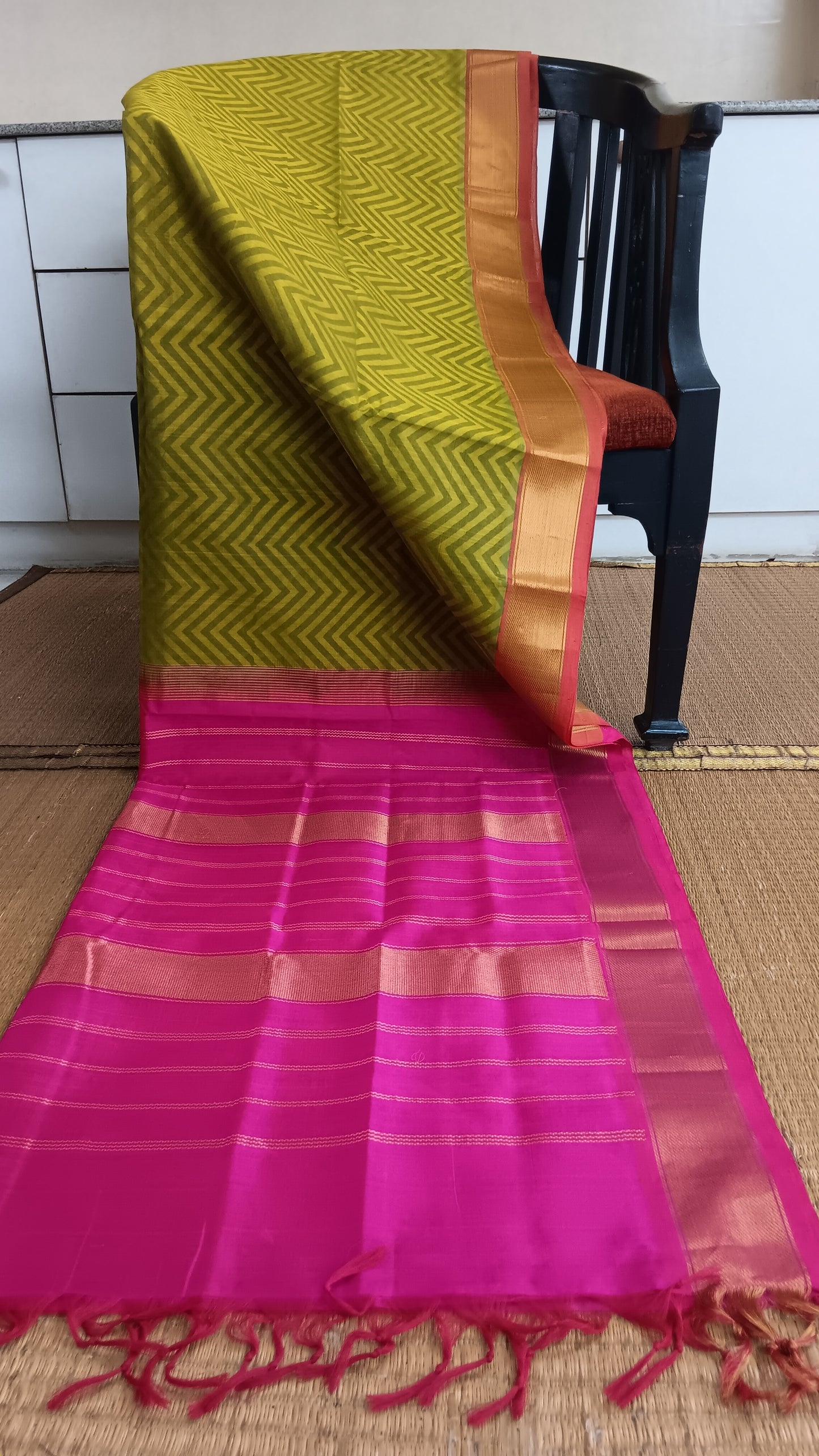 Green silk cotton saree pink pallu (SC4-427)