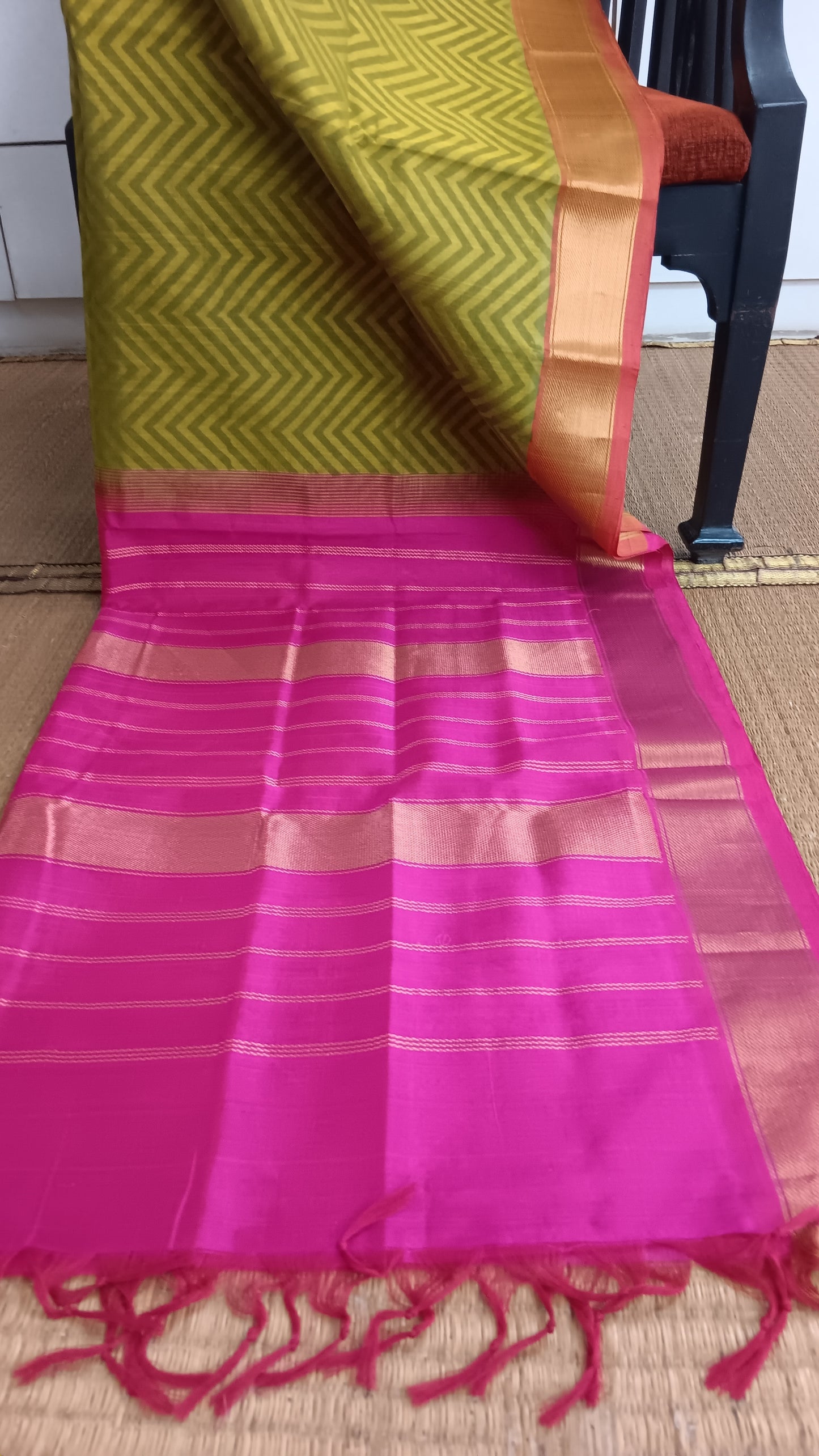 Green silk cotton saree pink pallu (SC4-427)