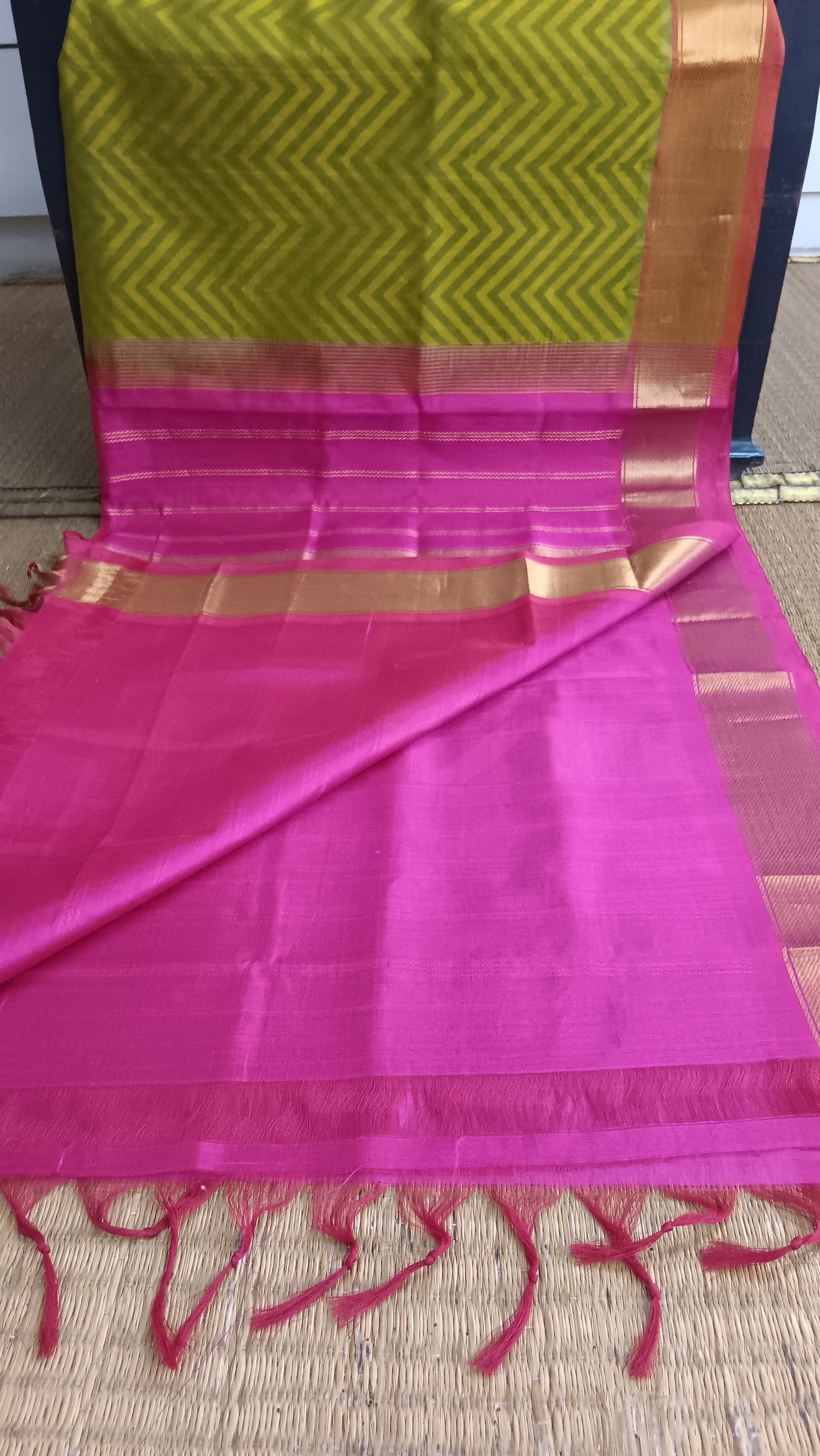 Green silk cotton saree pink pallu (SC4-427)