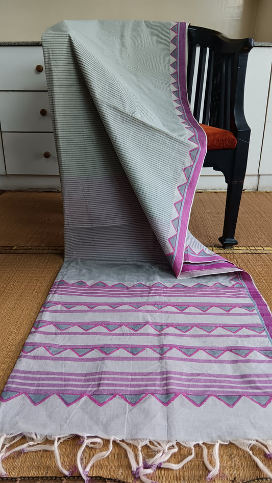 grey cotton saree with pink border