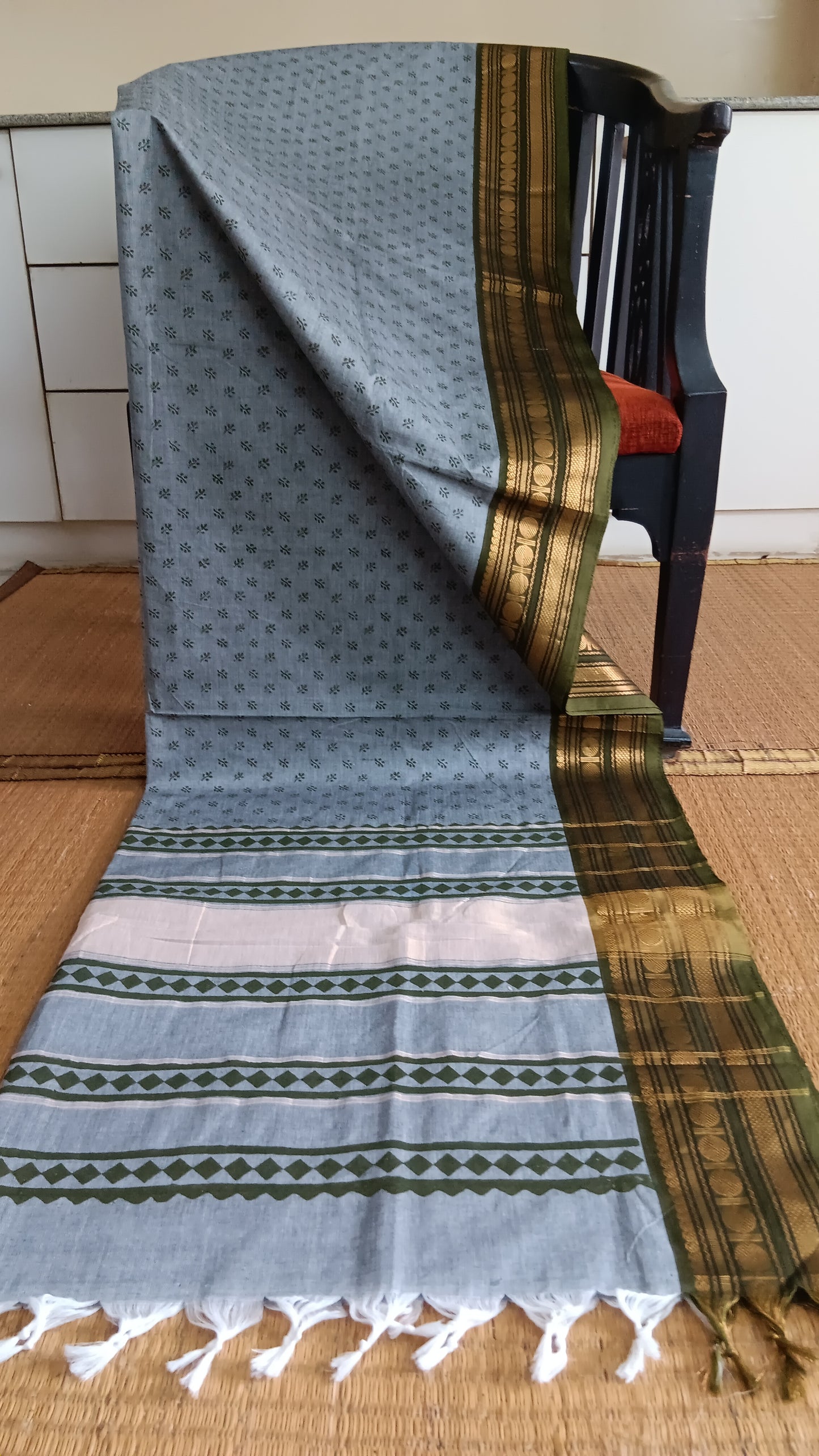 Grey-function-wear-cotton-saree-green-border