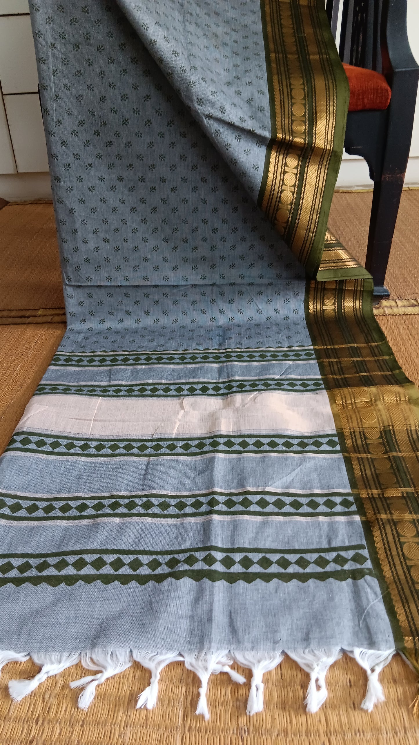 Grey-function-wear-cotton-saree-green-border