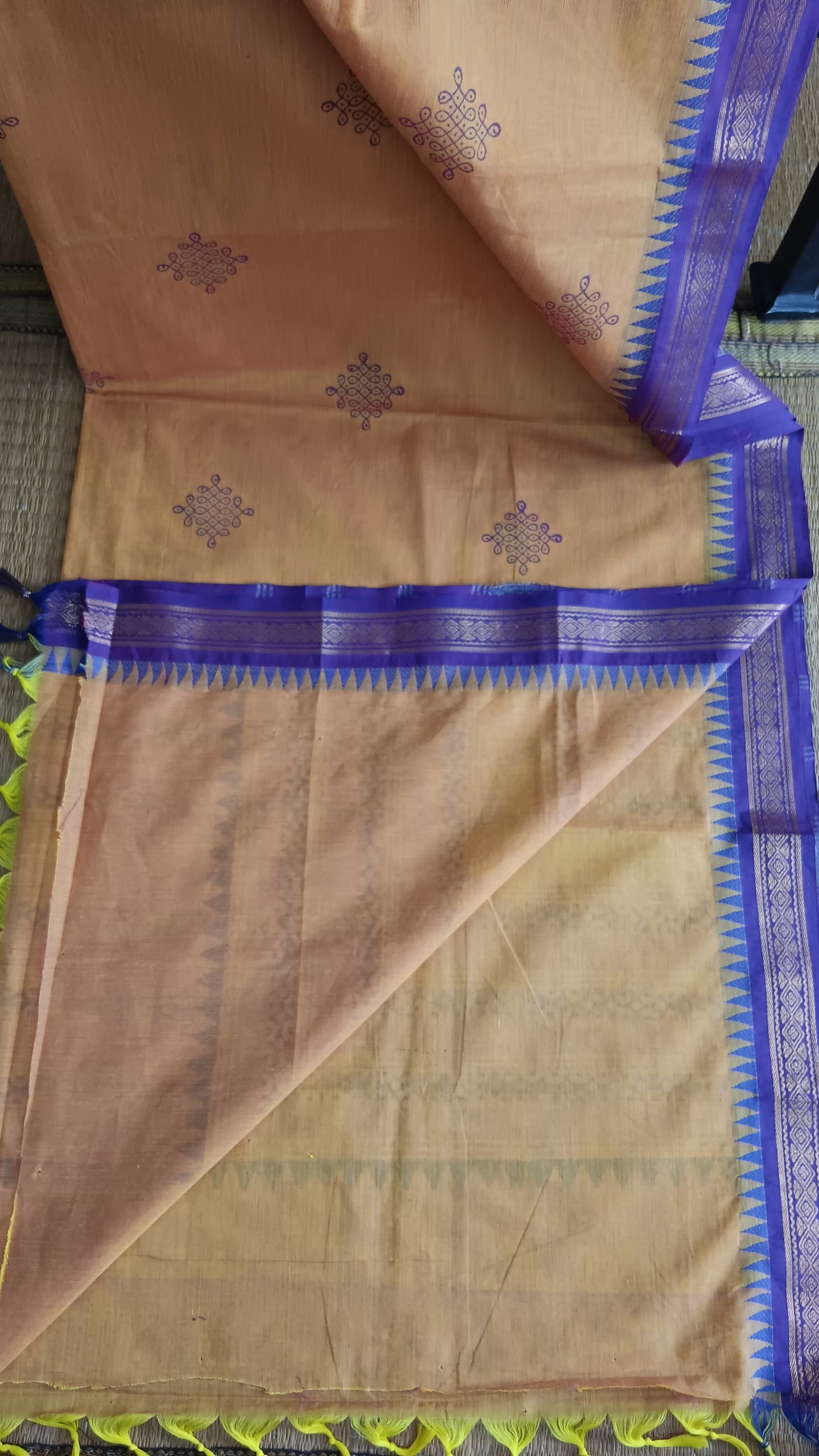 View from the top of the plain blouse of a south cotton function wear saree