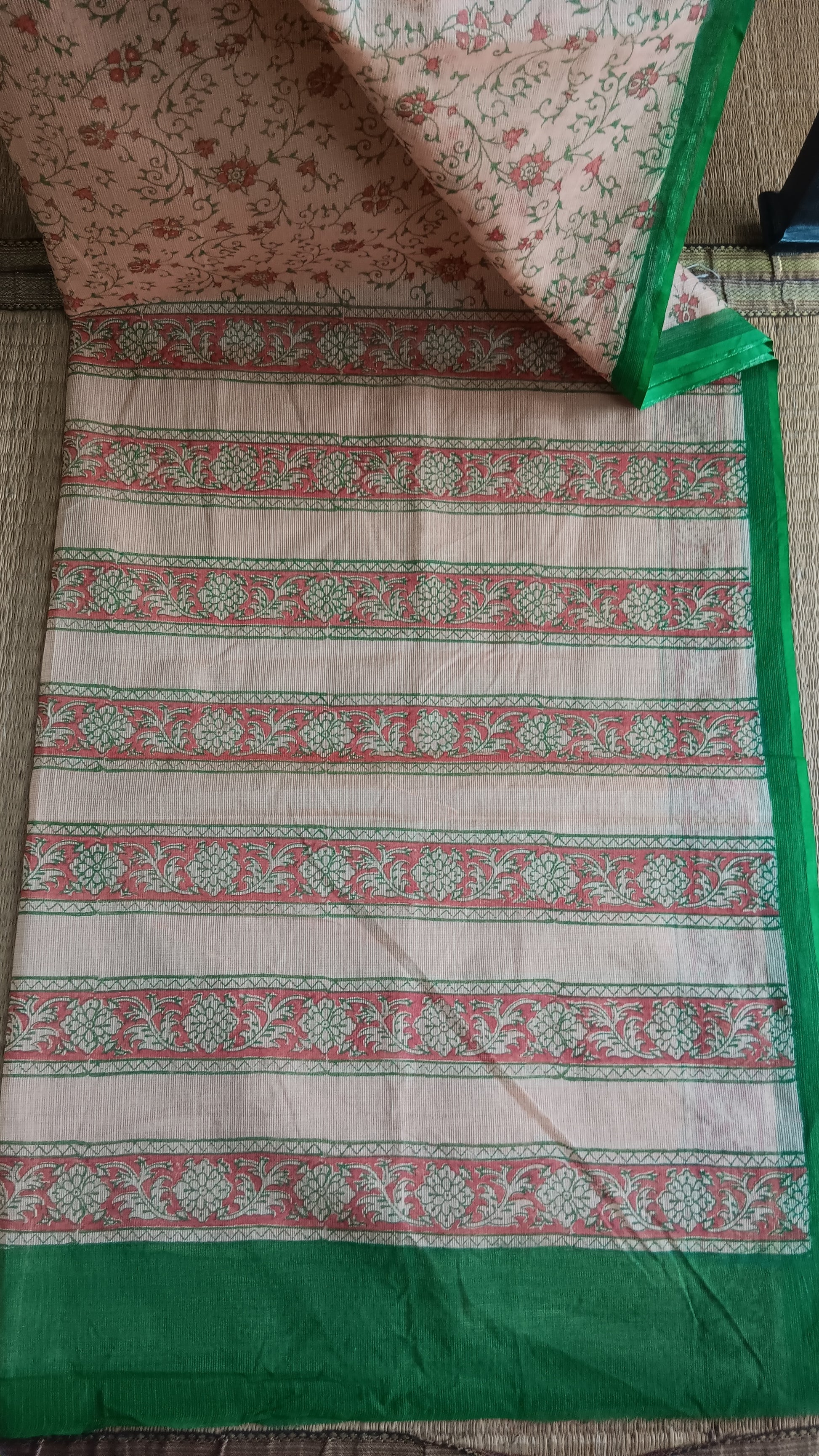 View from the top of the block printed pallu of a daily wear kota cotton saree