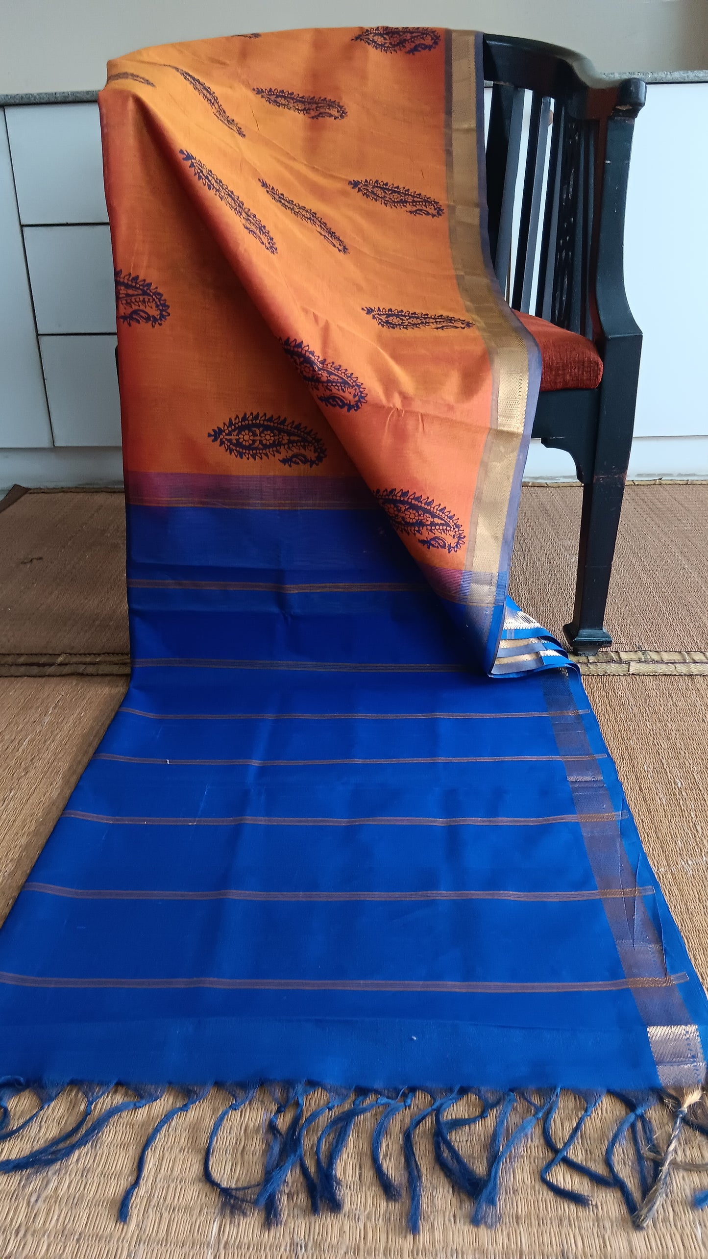 Mustard and blue silk cotton saree (SC2-445)