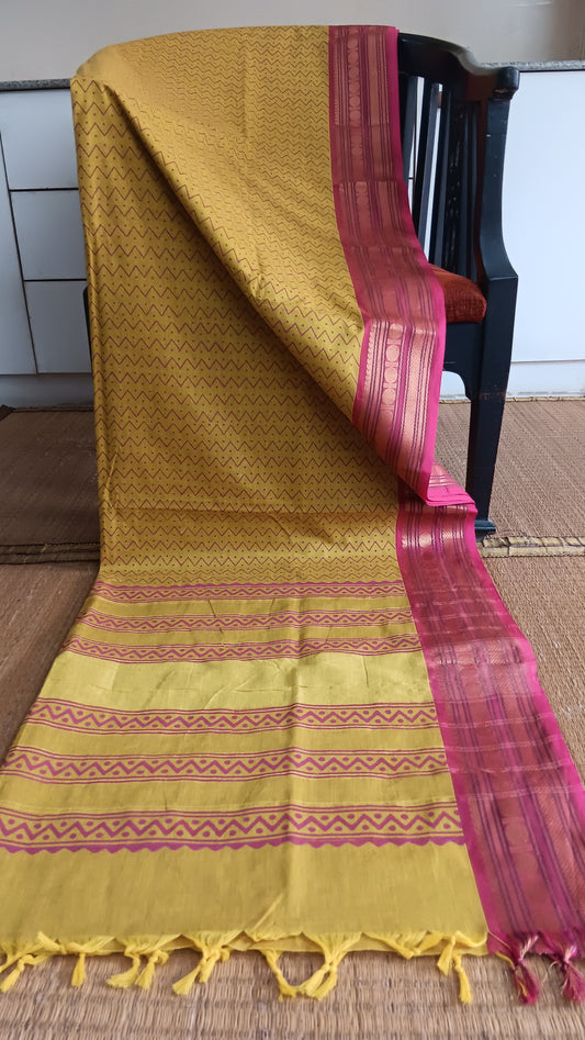 Mustard cotton saree zari border (CGOP-954)