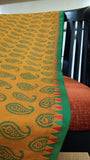 Close-up of the saree's stunning temple border, showcasing intricate motifs woven in vibrant red and green threads.