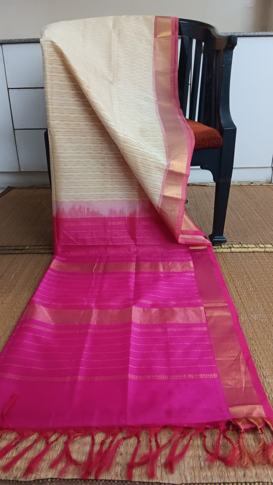 Off white silk cotton saree pink pallu (SC4-428)