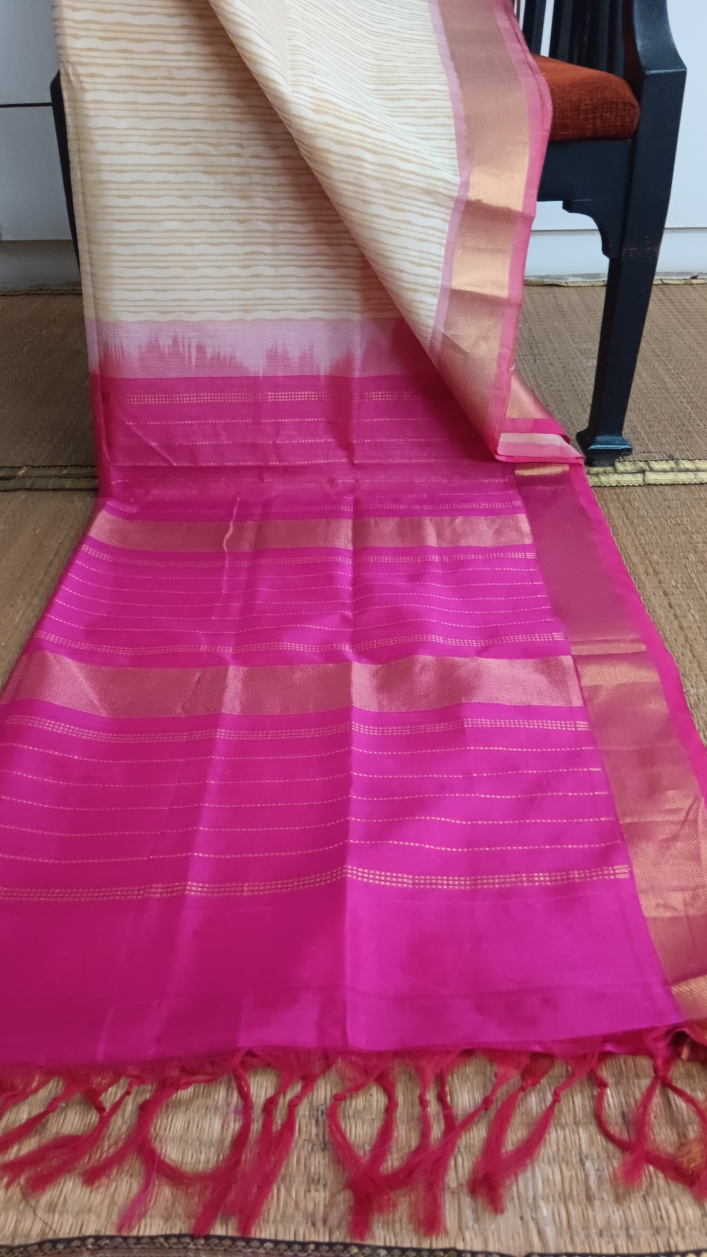 Off white silk cotton saree pink pallu (SC4-428)