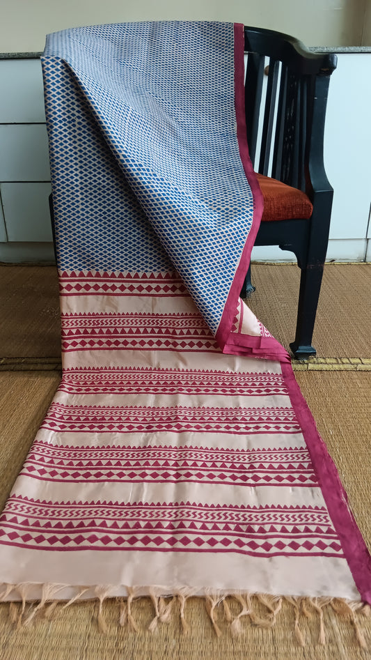 Handloom office wear silk cotton saree hand block printed with geometric patterns in blue on the body