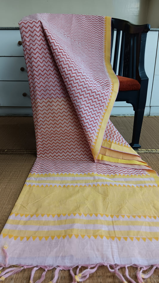 Pink cotton saree for daily use hand block printed