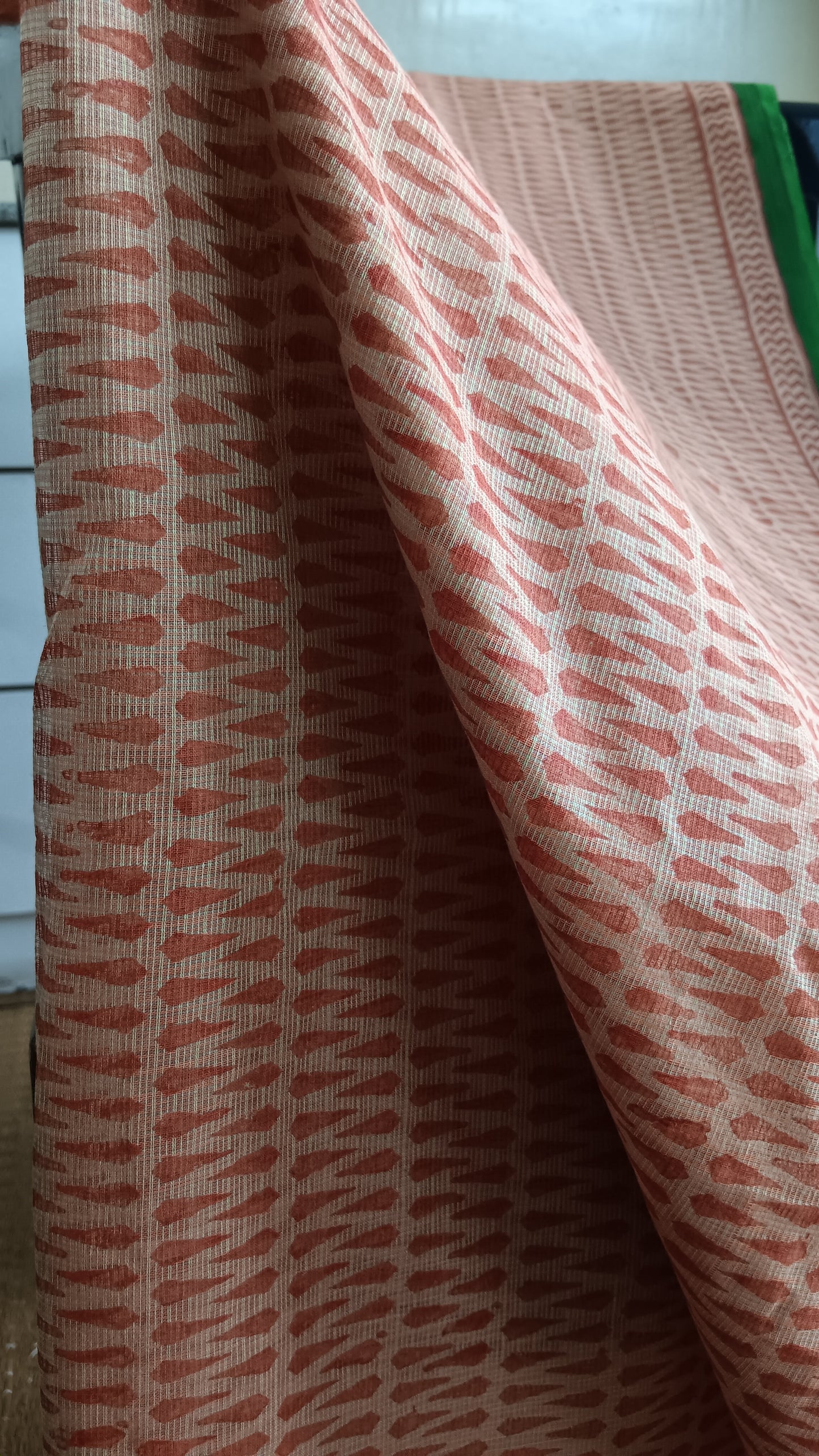 Close up view of the geometric pattern block printed on the daily wear kota cotton saree