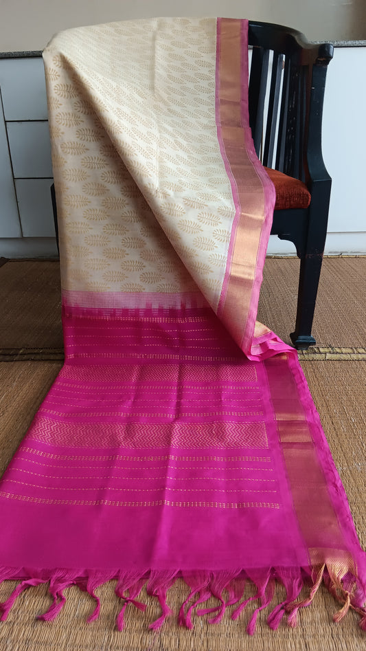 Printed off white and pink silk cotton saree (SC4-438)