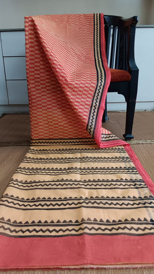 Light weight daily wear kota cotton saree block printed with red checks on the body