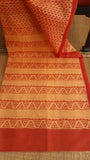 view from the top of the geometric patterns block printed on the pallu of a daily wear kota cotton saree