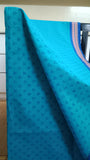 Close-up view of small temple motifs block printed in a deeper turquoise shade on the turquoise cotton saree body.