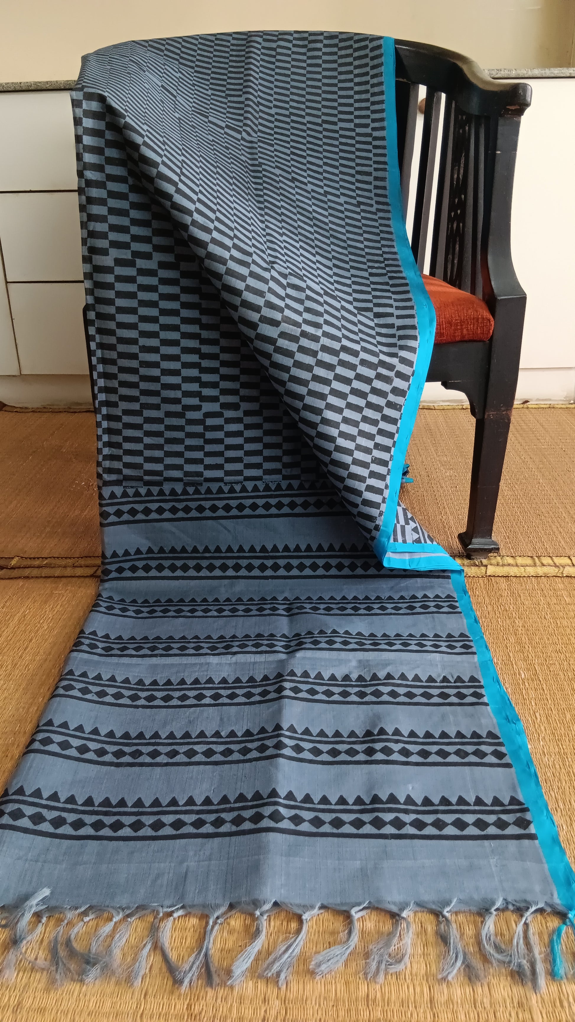 Grey handloom office wear silk cotton with blue border hand block printed with checks on the body
