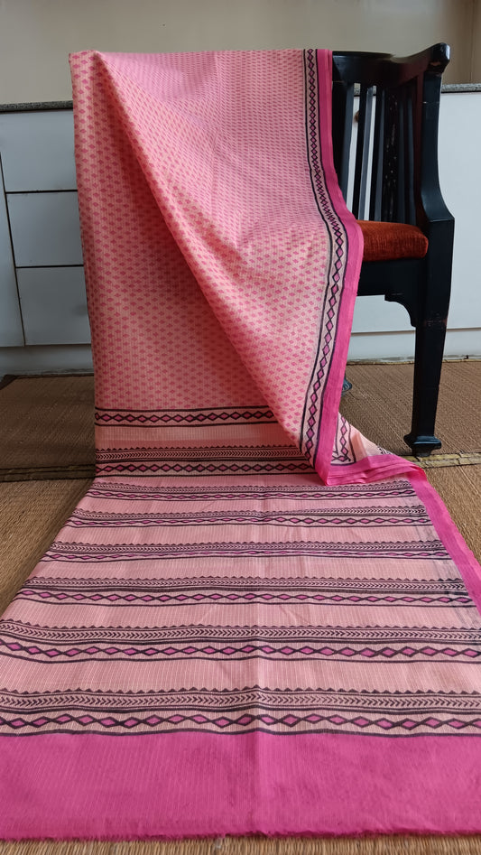 Simple pink block printed kota cotton saree