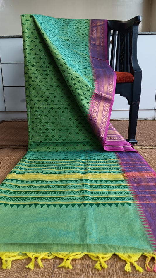 Block printed south cotton saree with sea green body and pink zari border