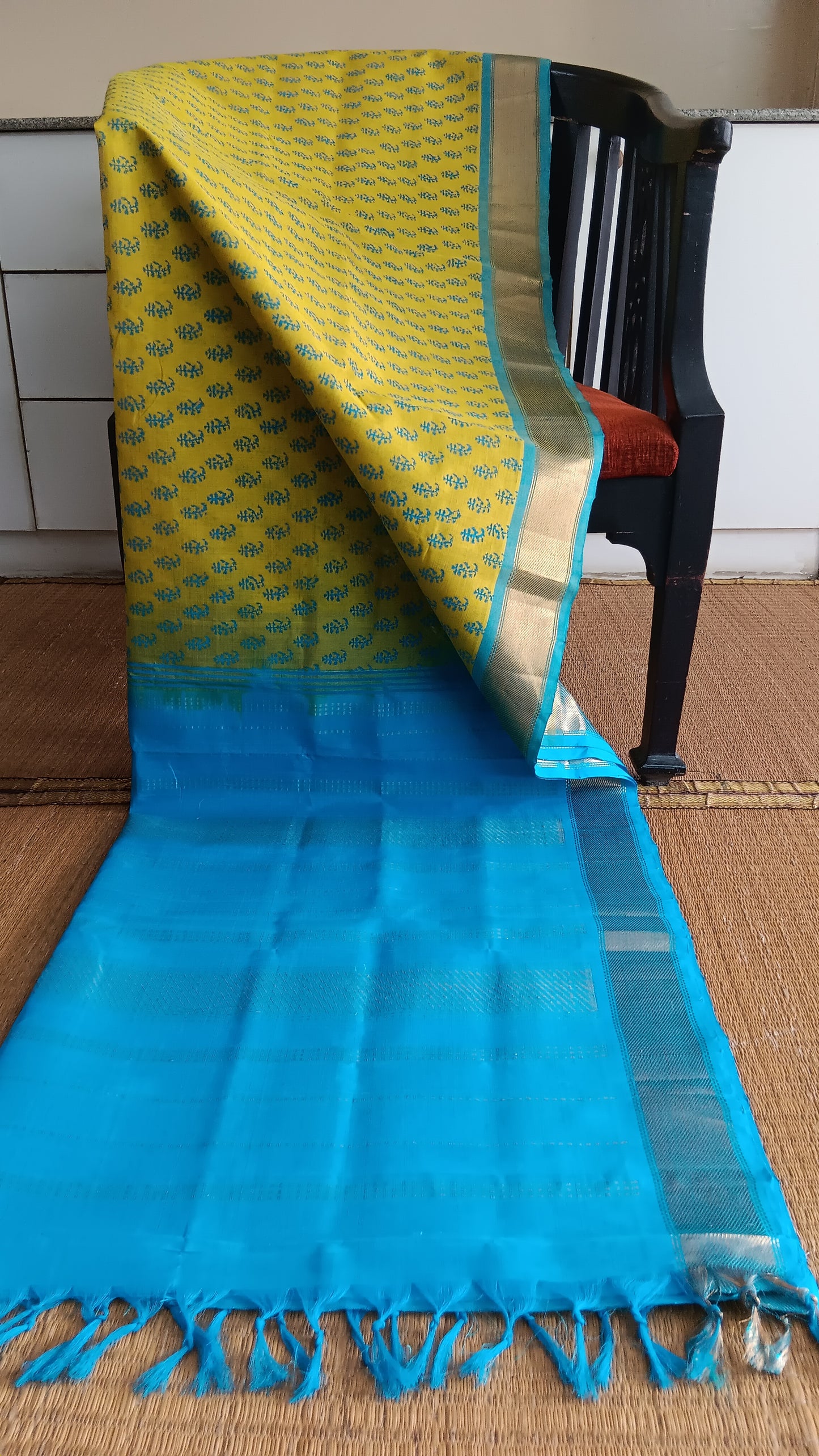 Yellow and blue silk cotton saree (SC4-447)