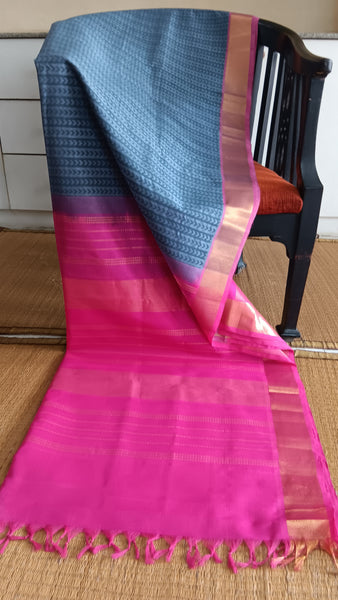  Handwoven silk cotton saree in slate grey with dark grey geometric block print and pink pallu